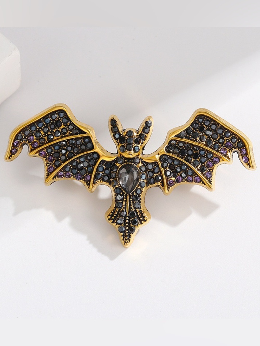 Black Crystal Bat Brooch Pin – Vintage Style Gold Tone Rhinestone Bat
